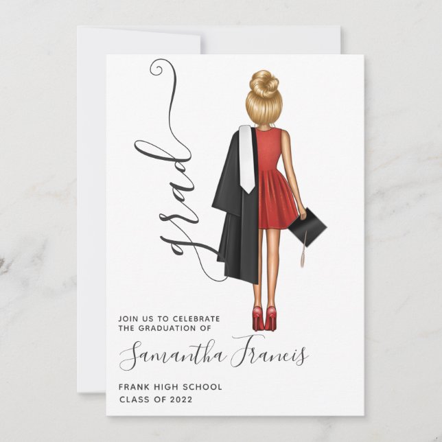 Elegant Red, Black and White Girl Graduation Party Invitation (Front)