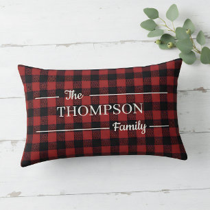 Elegant Red & Black Buffalo Plaid Family Name Lumbar Pillow
