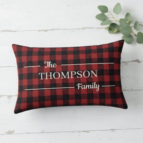 Elegant Red & Black Buffalo Plaid Family Name Lumbar Pillow