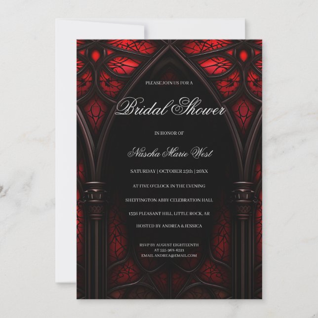 Elegant Red & Black Cathedral Gothic Bridal Shower Invitation (Front)