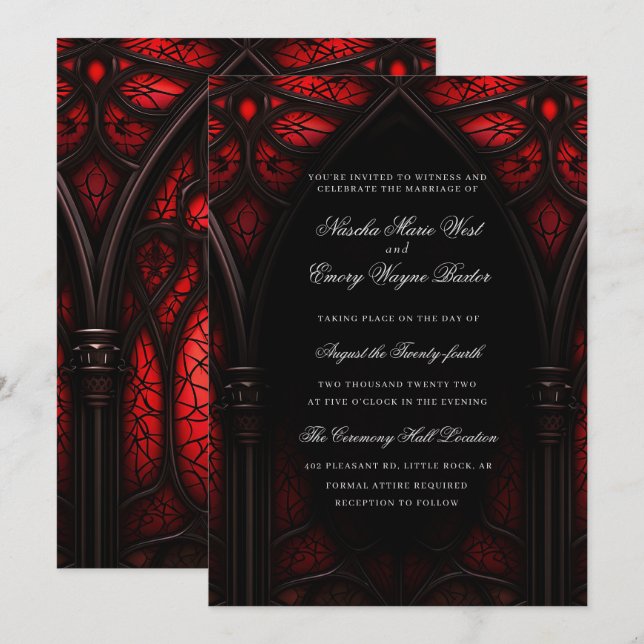 Elegant Red & Black Cathedral Gothic Wedding Invitation (Front/Back)