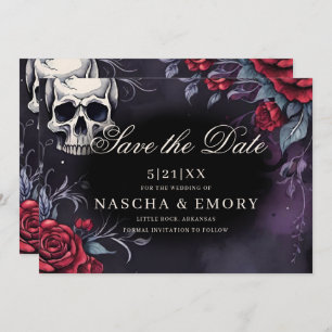 Elegant Red & Black Cathedral Gothic Wedding Save The Date