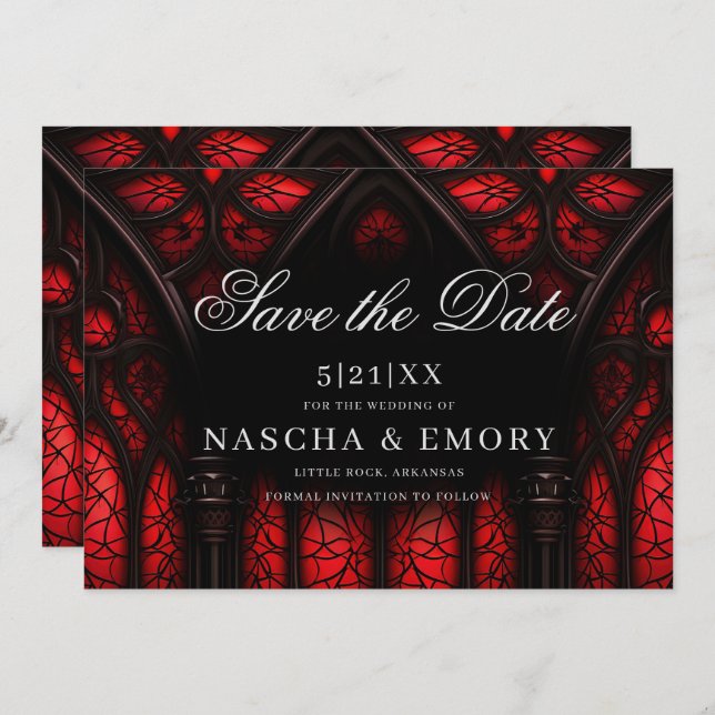 Elegant Red & Black Cathedral Gothic Wedding Save The Date (Front/Back)