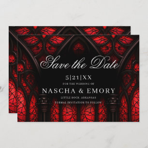 Elegant Red & Black Cathedral Gothic Wedding Save The Date