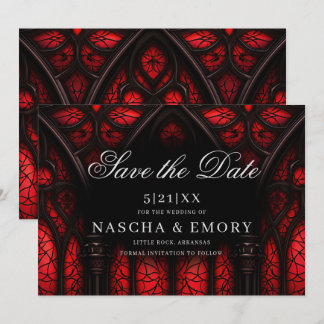 Elegant Red & Black Cathedral Gothic Wedding Save The Date