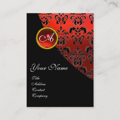 ELEGANT RED BLACK DAMASK RUBY GEMSTONE MONOGRAM BUSINESS CARD