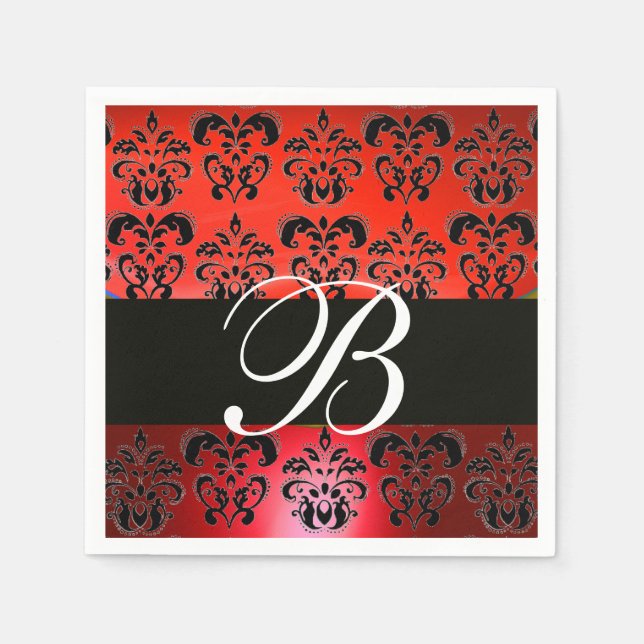 ELEGANT RED BLACK DAMASK WEDDING MONOGRAM  NAPKINS (Front)