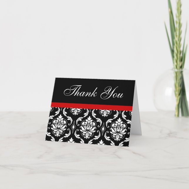 Elegant Red Black Damask Wedding Thank You Notes (Front)