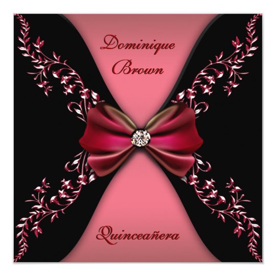Elegant Red Black Diamond Bow Quinceanera Card
