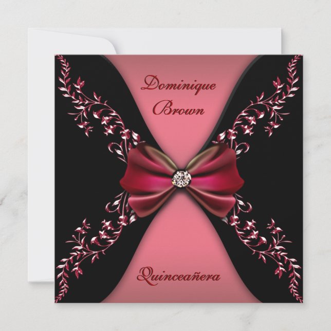 Elegant Red Black Diamond Bow Quinceanera Invitation (Front)