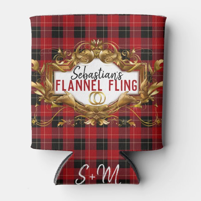 Elegant Red & Black Flannel | Plaid Wedding Can Cooler (Front)