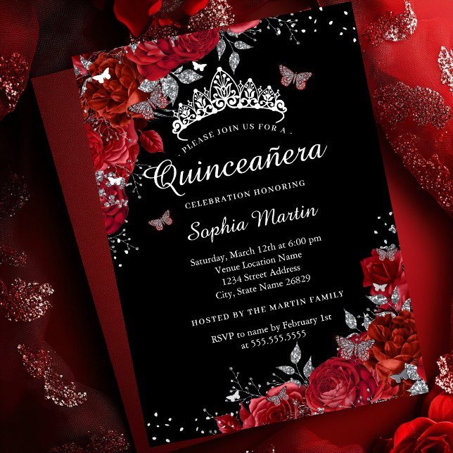 Elegant Red Black Floral Butterfly Quinceanera  Foil Invitation (Creator Uploaded)