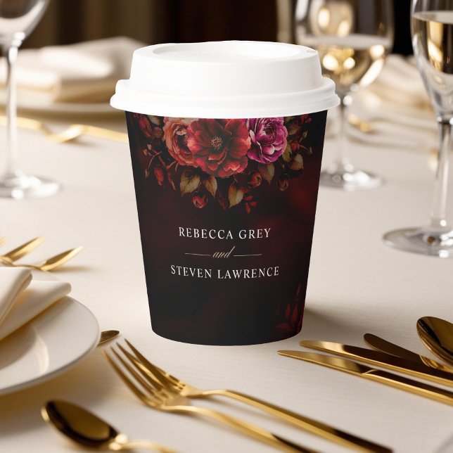 Elegant red black floral wedding moody paper cups (Creator Uploaded)