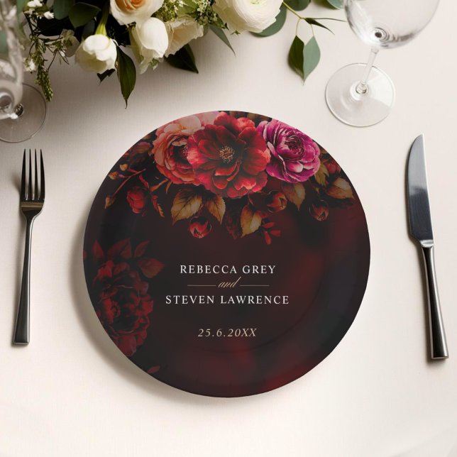 Elegant red black floral Wedding moody romantic  Paper Plates (Creator Uploaded)