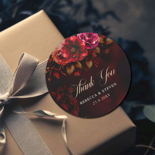 Elegant red black floral Wedding thank you Classic Round Sticker
