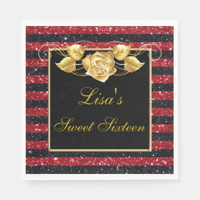 Elegant Red Black Glitter Gold Rose Sweet 16 Napkins (Front)