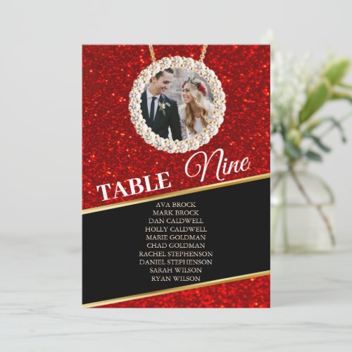 Elegant Red Black Glitter Photo Seating Chart Card