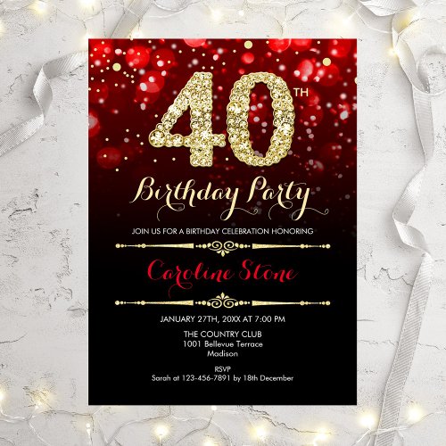 Elegant Red Black Gold 40th Birthday Invitation