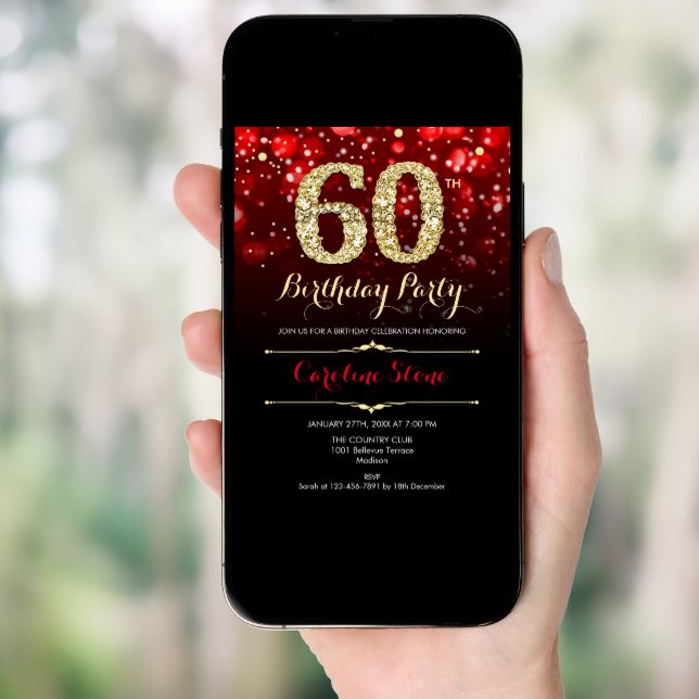 Elegant Red Black Gold 60th Birthday Invitation (Front Digital)