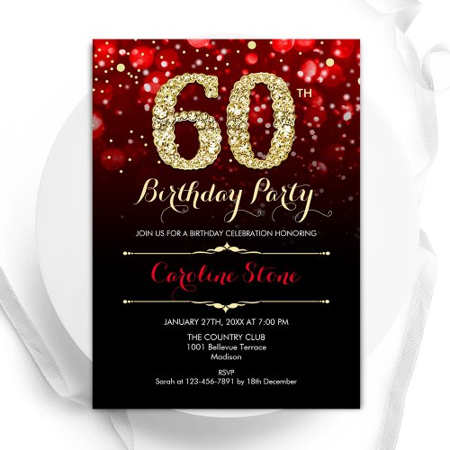 Elegant Red Black Gold 60th Birthday Invitation