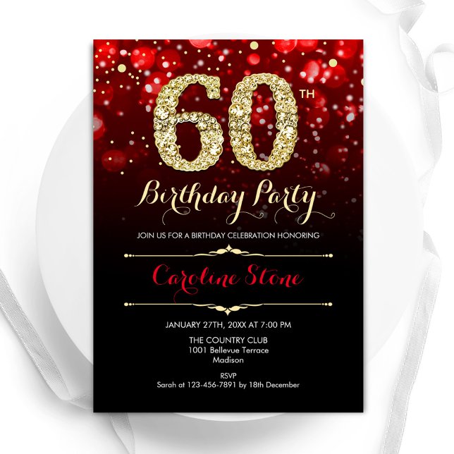 Elegant Red Black Gold 60th Birthday Invitation (Creator Uploaded)