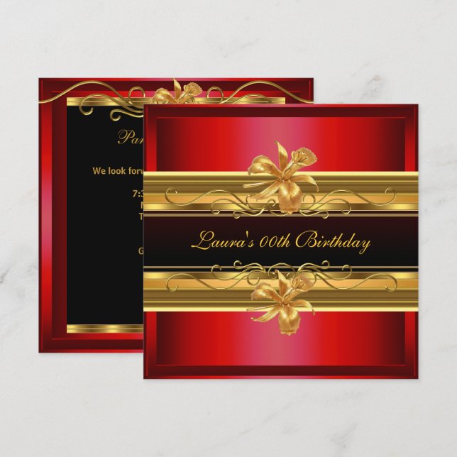 Elegant Red Black Gold Birthday Party Invitation (Front/Back)