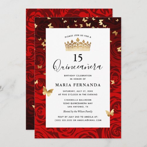 Elegant Red Black Gold Crown Floral Quinceanera Invitation