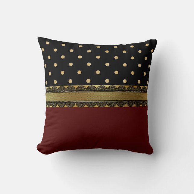 Elegant Red, Black & Gold Filigree Scallop Pattern Throw Pillow (Front)