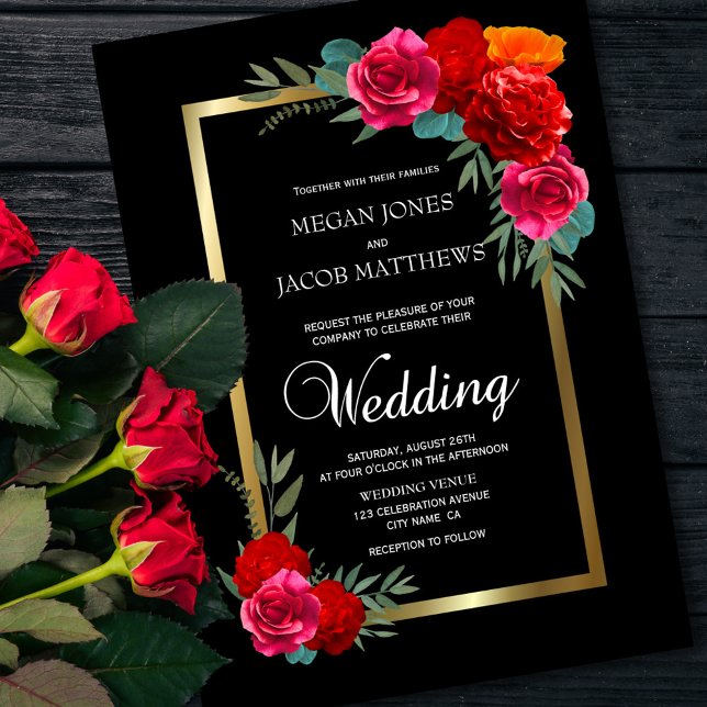 Elegant Red Black Gold Floral Wedding Invitation (Creator Uploaded)
