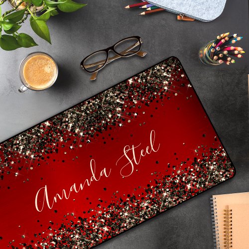 Elegant red black gold glitter desk mat