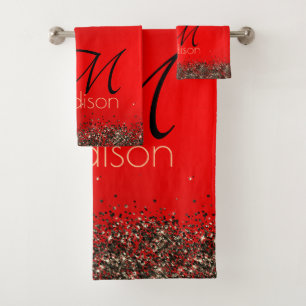 Elegant red black gold glitter monogram Bath Towel Set