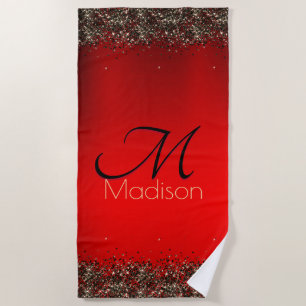Elegant red black gold glitter monogram Beach Towel
