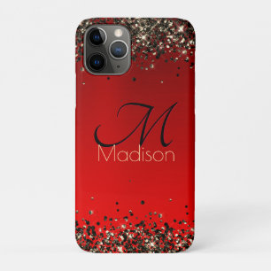 Elegant red black gold glitter monogram iPhone 11 Pro Case