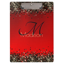  Elegant red black gold glitter monogram Clipboard