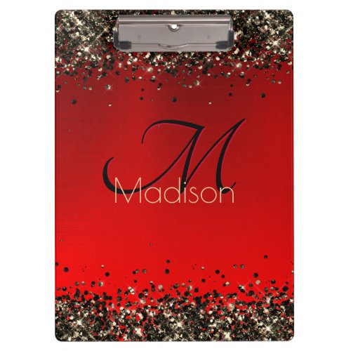  Elegant red black gold glitter monogram Clipboard