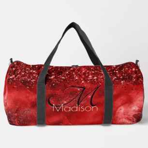 Elegant red black gold glitter monogram duffle bag