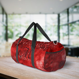 Elegant red black gold glitter monogram duffle bag