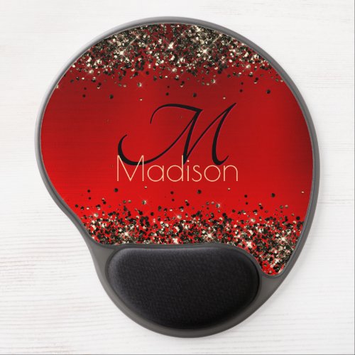  Elegant red black gold glitter monogram Gel Mouse Pad