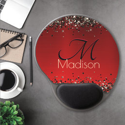  Elegant red black gold glitter monogram Gel Mouse Pad