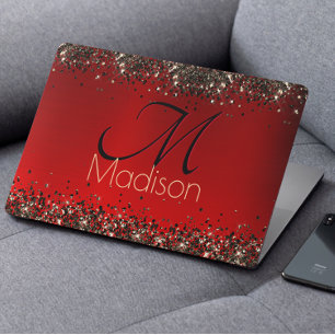 Elegant red black gold glitter monogram HP Laptop Skin