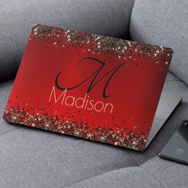  Elegant red black gold glitter monogram HP Laptop Skin (Creator Uploaded)
