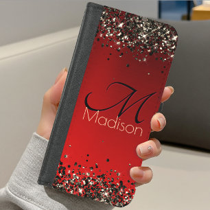 Elegant red black gold glitter monogram iPhone 8/7 Wallet Case