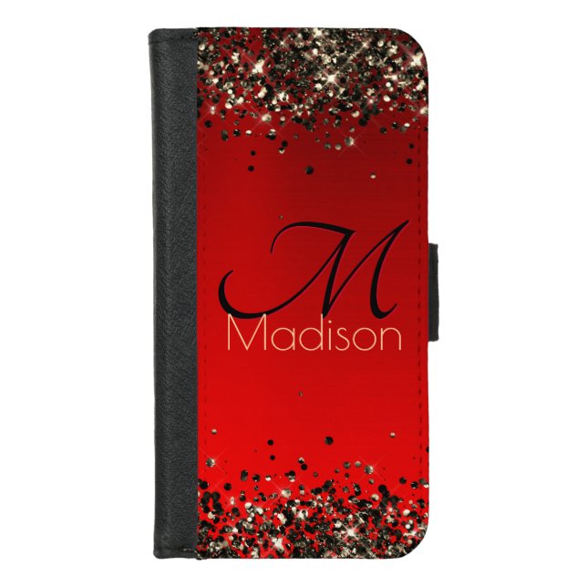  Elegant red black gold glitter monogram iPhone Wallet Case (Front)