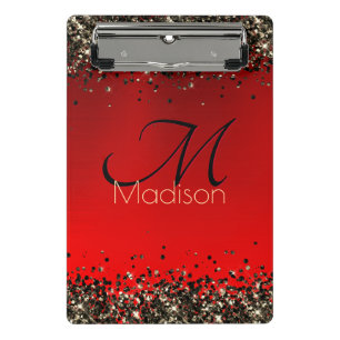 Elegant red black gold glitter monogram Mini Clipboard