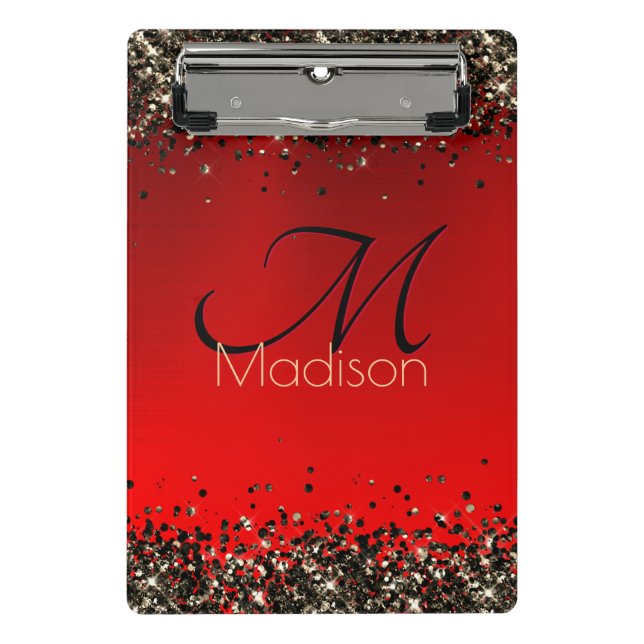  Elegant red black gold glitter monogram Mini Clipboard (Front)