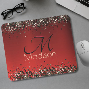 Elegant red black gold glitter monogram Mouse Pad
