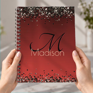 Elegant red black gold glitter monogram Notebook