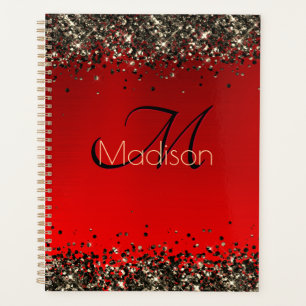 Elegant red black gold glitter monogram Planner