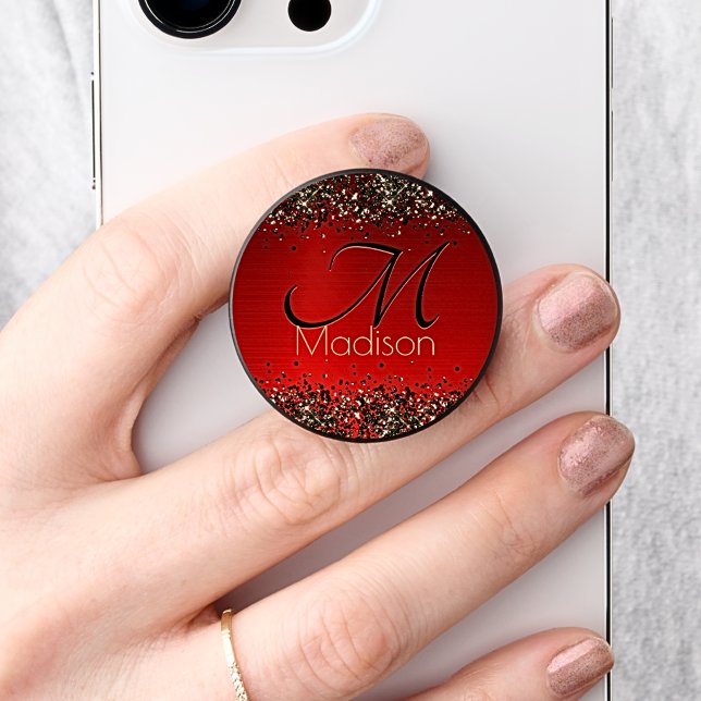  Elegant red black gold glitter monogram PopSocket (Creator Uploaded)