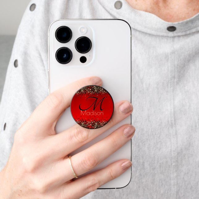  Elegant red black gold glitter monogram PopSocket (Hand)